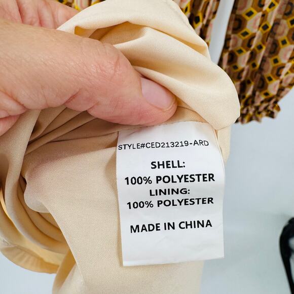 Melloday Smocked Long Sleeve Maxi Dress Retro Geometric Print Brown XS - Picture 9 of 13